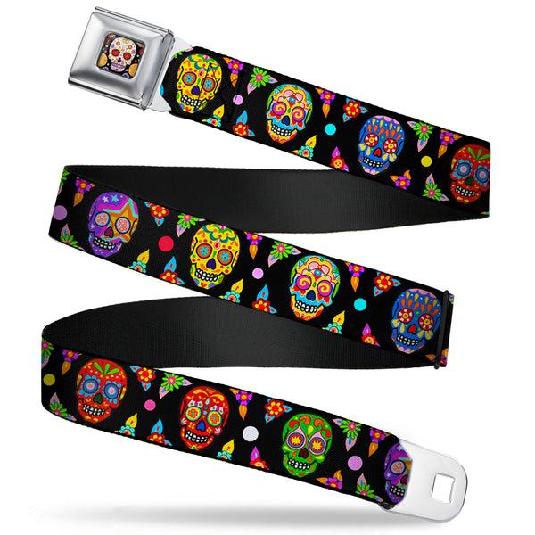 Buckle-Down Sugar Skull Starburst Full Color Black/Multi Color Seatbelt Belt - Colorful Calaveras Black/Multi Color Webbing