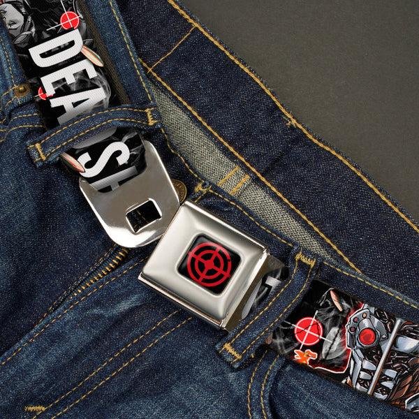 Buckle-Down Suicide Squad Target Full Color Black/Red Seatbelt Belt - DEADSHOT Face/Pose/Targets/Bullets Webbing