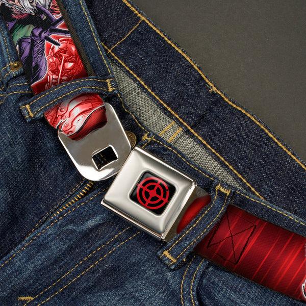 Buckle-Down Suicide Squad Target Full Color Black/Red Seatbelt Belt - 5-Suicide Squad Villains Group Reds Webbing