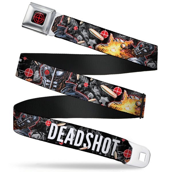 Buckle-Down Suicide Squad Target Full Color Black/Red Seatbelt Belt - DEADSHOT Face/Pose/Targets/Bullets Webbing