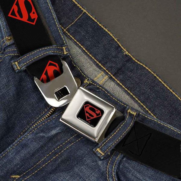 Buckle-Down Superboy Shield Full Color Black/Red Seatbelt Belt - Superboy Shield Black/Red Webbing