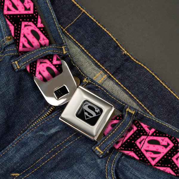 Buckle-Down Superman Black Silver Seatbelt Belt - Diagonal Superman Logo W/Hearts Black/Pink Webbing