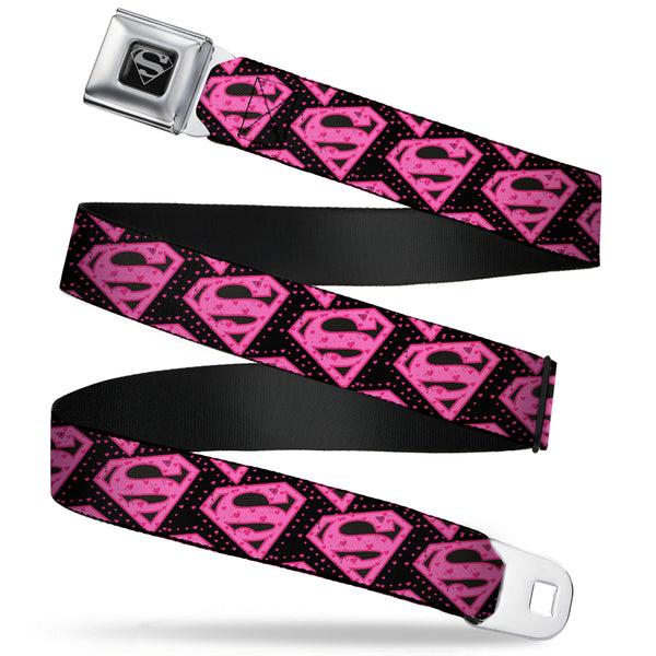 Buckle-Down Superman Black Silver Seatbelt Belt - Diagonal Superman Logo w/Hearts Black/Pink Webbing