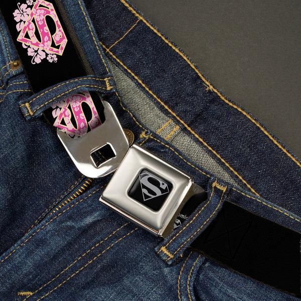Buckle-Down Superman Black Silver Seatbelt Belt - Super Shield Hibiscus Design Black/Pink Webbing