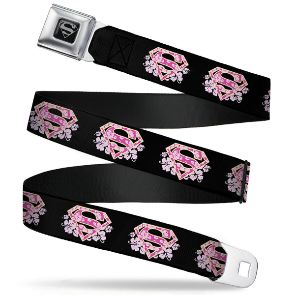 Buckle-Down Superman Black Silver Seatbelt Belt - Super Shield Hibiscus Design Black/Pink Webbing