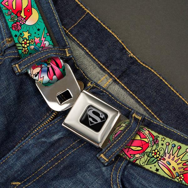 Buckle-Down Superman Black Silver Seatbelt Belt - Supergirl Tattoo Scene Webbing