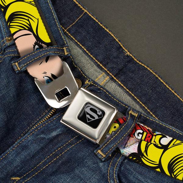 Buckle-Down Superman Black Silver Seatbelt Belt - SUPERGIRL W/Face CLOSE-UP Webbing