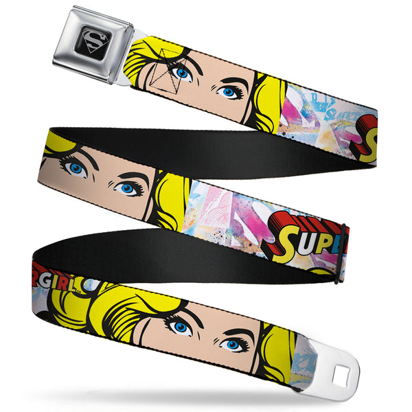Buckle-Down Superman Black Silver Seatbelt Belt - SUPERGIRL w/Face CLOSE-UP Webbing