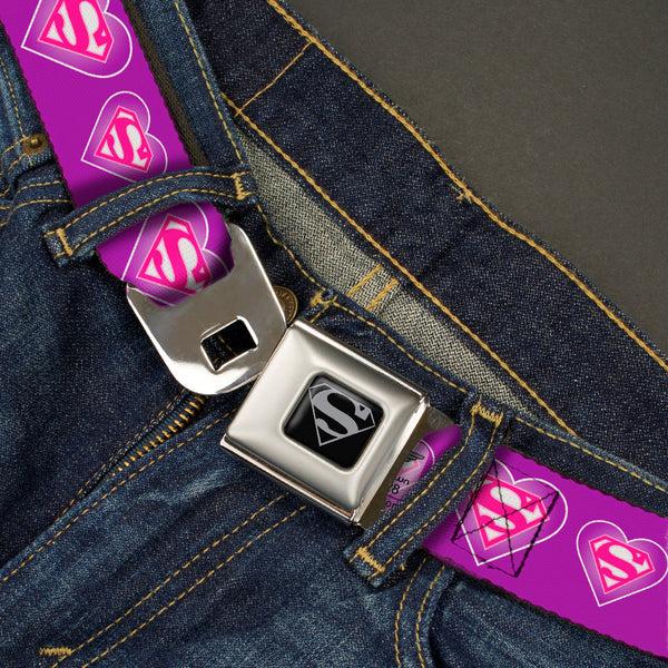 Buckle-Down Superman Black Silver Seatbelt Belt - Superman Logo In Heart Purple/White/Pink Webbing