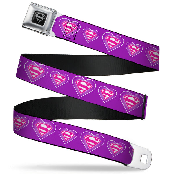 Buckle-Down Superman Black Silver Seatbelt Belt - Superman Logo in Heart Purple/White/Pink Webbing