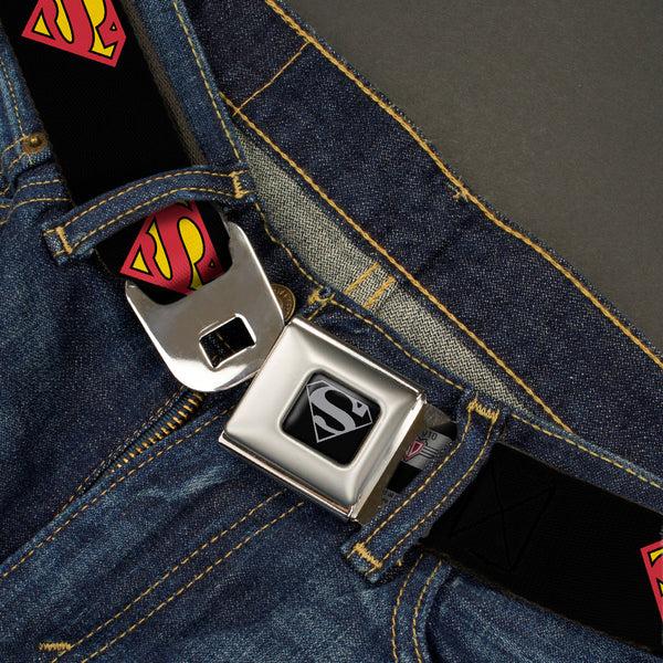 Buckle-Down Superman Black Silver Seatbelt Belt - Superman Shield Black Webbing