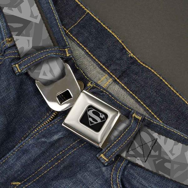 Buckle-Down Superman Black Silver Seatbelt Belt - Superman Shield Camouflage Grays Webbing