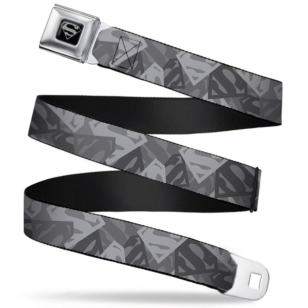 Buckle-Down Superman Black Silver Seatbelt Belt - Superman Shield Camouflage Grays Webbing