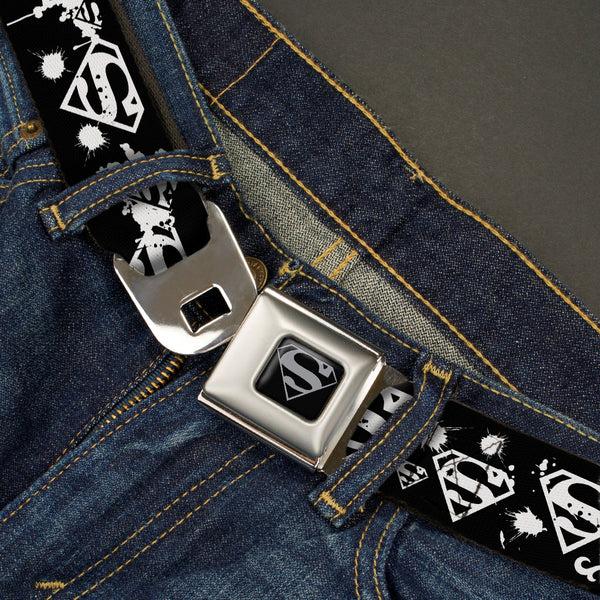 Buckle-Down Superman Black Silver Seatbelt Belt - Superman Shield Splatter Black/White Webbing