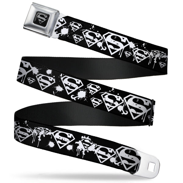 Buckle-Down Superman Black Silver Seatbelt Belt - Superman Shield Splatter Black/White Webbing