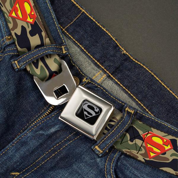 Buckle-Down Superman Black Silver Seatbelt Belt - Superman Shield Camo Olive Webbing
