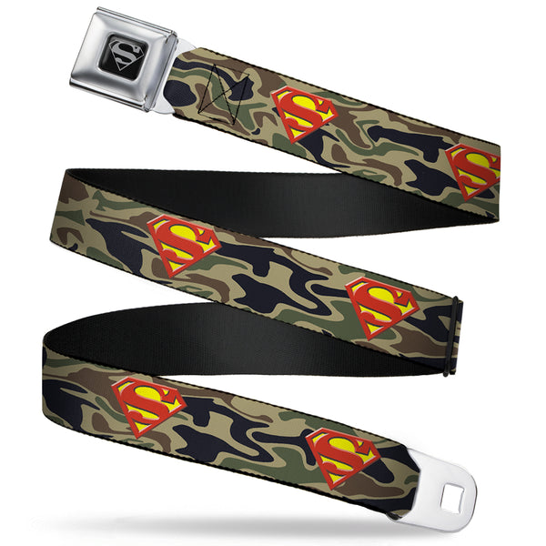 Buckle-Down Superman Black Silver Seatbelt Belt - Superman Shield Camo Olive Webbing