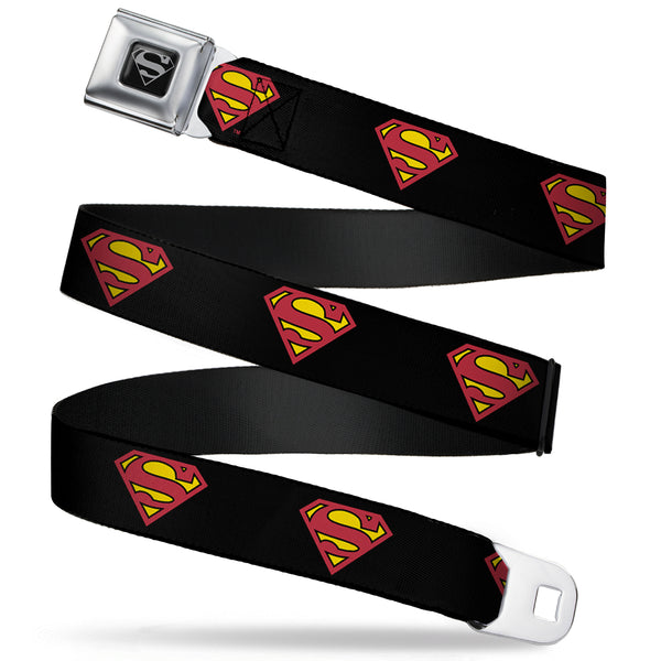 Buckle-Down Superman Black Silver Seatbelt Belt - Superman Shield Black Webbing