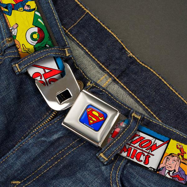 Buckle-Down Superman Full Color Blue Seatbelt Belt - Classic ACTION COMICS Issue #1 Cover Superman Lifting Car Stacked Webbing