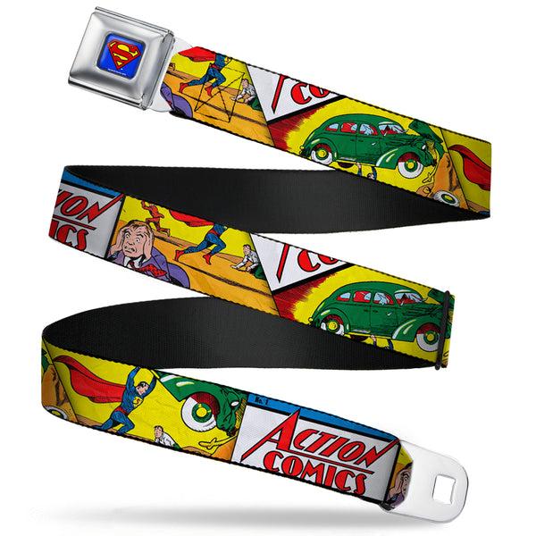 Buckle-Down Superman Full Color Blue Seatbelt Belt - Classic ACTION COMICS Issue #1 Cover Superman Lifting Car Stacked Webbing