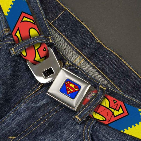 Buckle-Down Superman Full Color Blue Seatbelt Belt - Jagged Superman Shield CLOSE-UP Yellow/Blue/Red Webbing