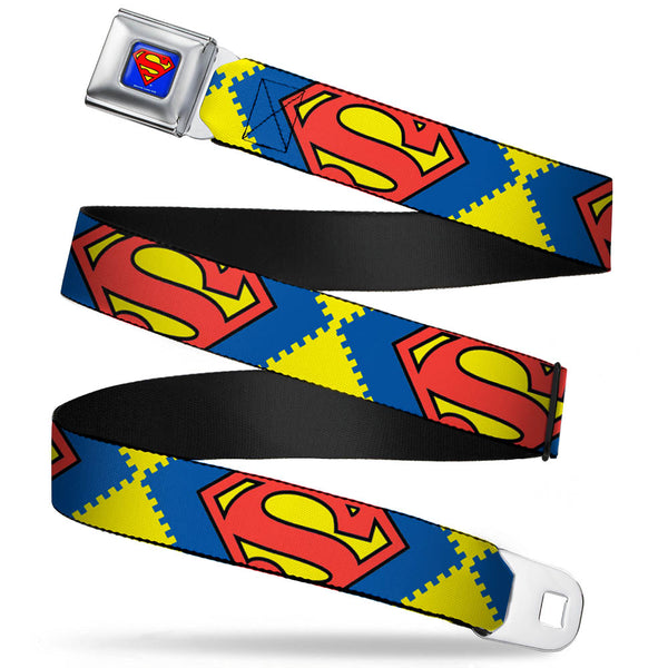 Buckle-Down Superman Full Color Blue Seatbelt Belt - Jagged Superman Shield CLOSE-UP Yellow/Blue/Red Webbing