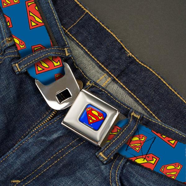Buckle-Down Superman Full Color Blue Seatbelt Belt - Super Shield Diagonal Royal Blue/Red Webbing