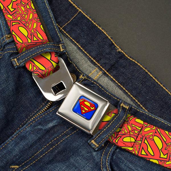 Buckle-Down Superman Full Color Blue Seatbelt Belt - Super Shield Stacked Yellow/Red Webbing