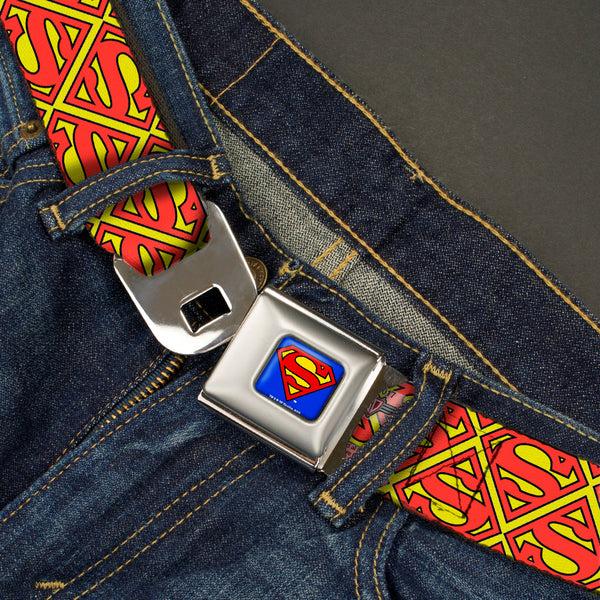 Buckle-Down Superman Full Color Blue Seatbelt Belt - Super Shield Flipped Yellow/Red Webbing