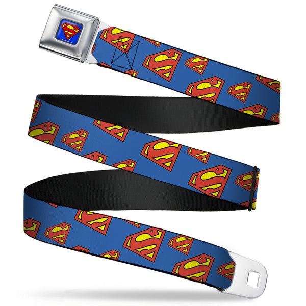 Buckle-Down Superman Full Color Blue Seatbelt Belt - Super Shield Diagonal Royal Blue/Red Webbing