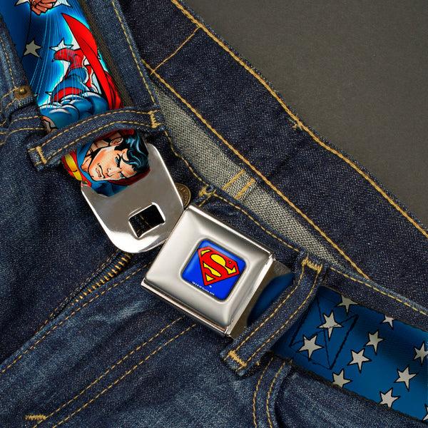 Buckle-Down Superman Full Color Blue Seatbelt Belt - Superman Action Poses/Stars & Stripes Webbing