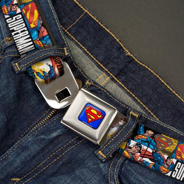Buckle-Down Superman Full Color Blue Seatbelt Belt - SUPERMAN Action Blocks White Webbing