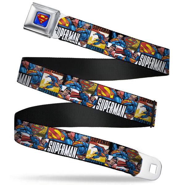 Buckle-Down Superman Full Color Blue Seatbelt Belt - SUPERMAN Action Blocks White Webbing