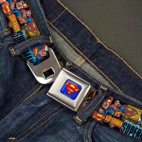 Buckle-Down Superman Full Color Blue Seatbelt Belt - SUPERMAN Action Blocks Red/Blue Webbing