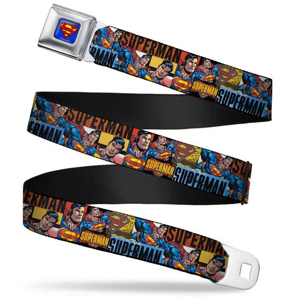 Buckle-Down Superman Full Color Blue Seatbelt Belt - SUPERMAN Action Blocks Red/Blue Webbing