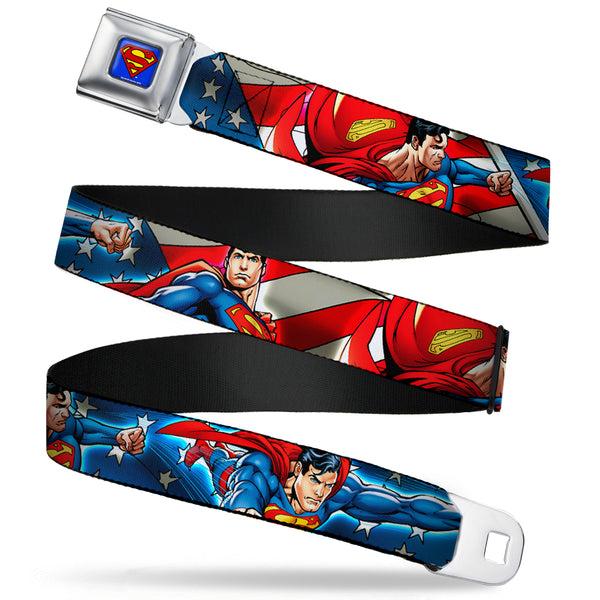 Buckle-Down Superman Full Color Blue Seatbelt Belt - Superman Action Poses/Stars & Stripes Webbing