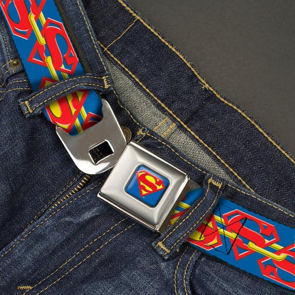 Buckle-Down Superman Full Color Blue Seatbelt Belt - Superman Chained Shield Logo Flip Blue/Red/Yellow Webbing