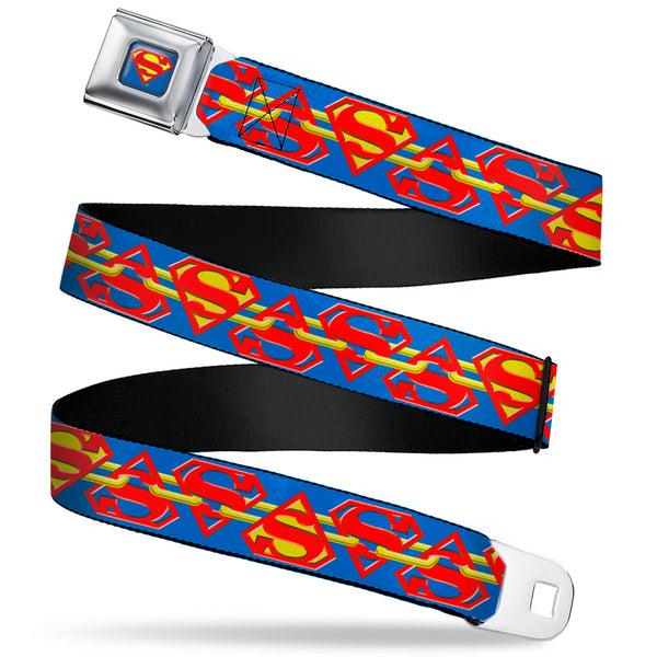 Buckle-Down Superman Full Color Blue Seatbelt Belt - Superman Chained Shield Logo Flip Blue/Red/Yellow Webbing