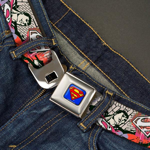 Buckle-Down Superman Full Color Blue Seatbelt Belt - Superman Color Flying Bricks Scene Webbing