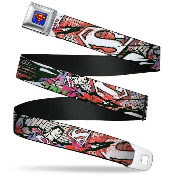 Buckle-Down Superman Full Color Blue Seatbelt Belt - Superman Color Flying Bricks Scene Webbing