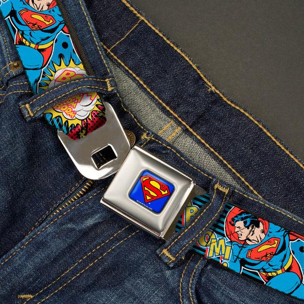 Buckle-Down Superman Full Color Blue Seatbelt Belt - Superman Logo/Poses/Action Bubbles Pop Collage Blue/Black Webbing