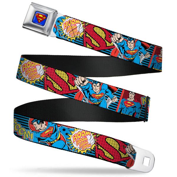 Buckle-Down Superman Full Color Blue Seatbelt Belt - Superman Logo/Poses/Action Bubbles Pop Collage Blue/Black Webbing