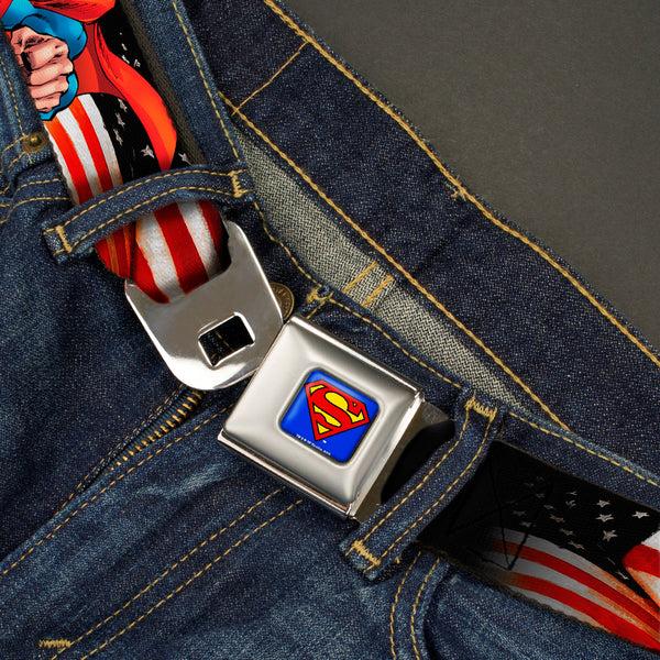 Buckle-Down Superman Full Color Blue Seatbelt Belt - Superman Poses/American Flag Webbing