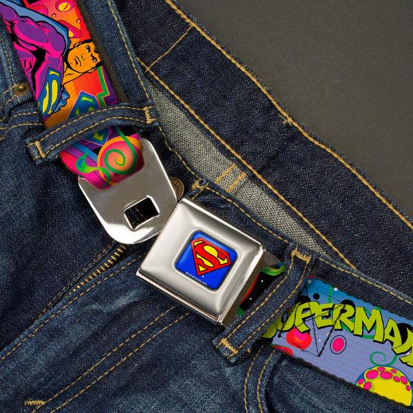Buckle-Down Superman Full Color Blue Seatbelt Belt - SUPERMAN Poses/Battling Mongul Black/Multi Neon Webbing