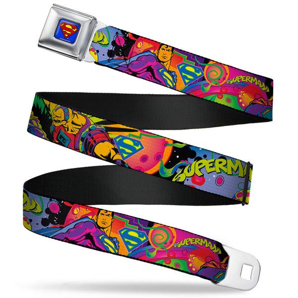 Buckle-Down Superman Full Color Blue Seatbelt Belt - SUPERMAN Poses/Battling Mongul Black/Multi Neon Webbing