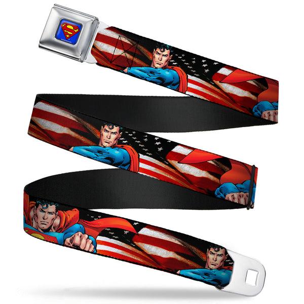 Buckle-Down Superman Full Color Blue Seatbelt Belt - Superman Poses/American Flag Webbing