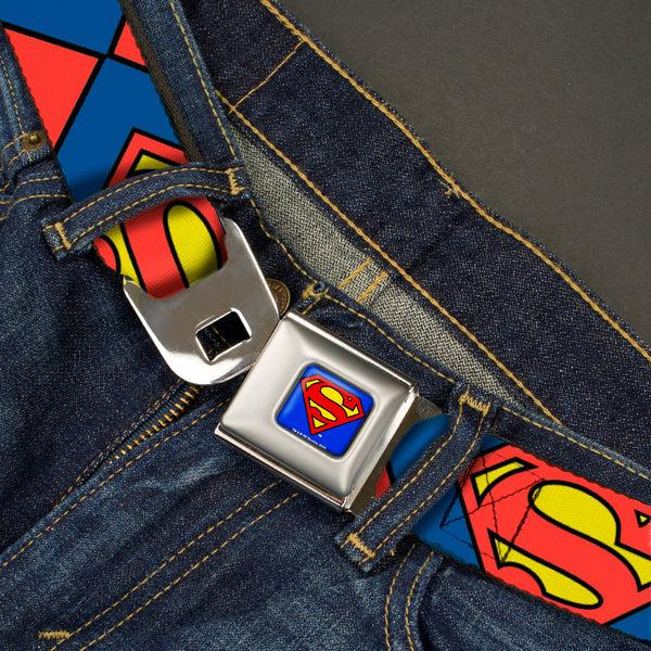 Buckle-Down Superman Full Color Blue Seatbelt Belt - Superman Shield CLOSE-UP Blue/Red/Yellow Webbing