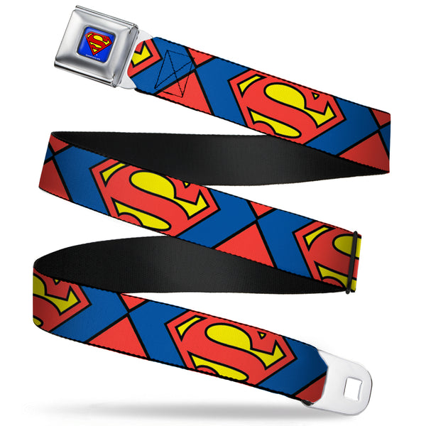 Buckle-Down Superman Full Color Blue Seatbelt Belt - Superman Shield CLOSE-UP Blue/Red/Yellow Webbing
