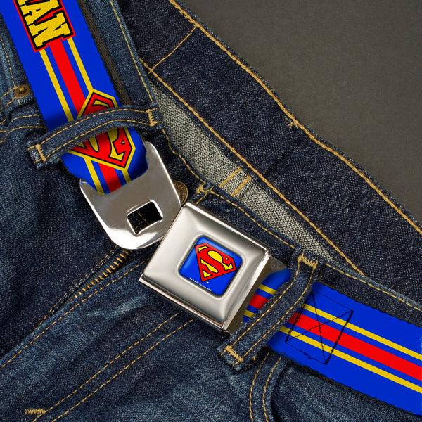 Buckle-Down Superman Full Color Blue Seatbelt Belt - SUPERMAN/Shield Stripe Blue/Yellow/Red Webbing