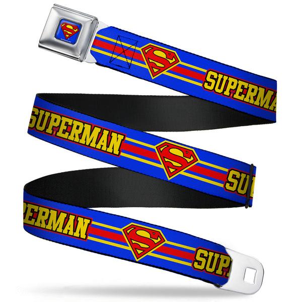Buckle-Down Superman Full Color Blue Seatbelt Belt - SUPERMAN/Shield Stripe Blue/Yellow/Red Webbing